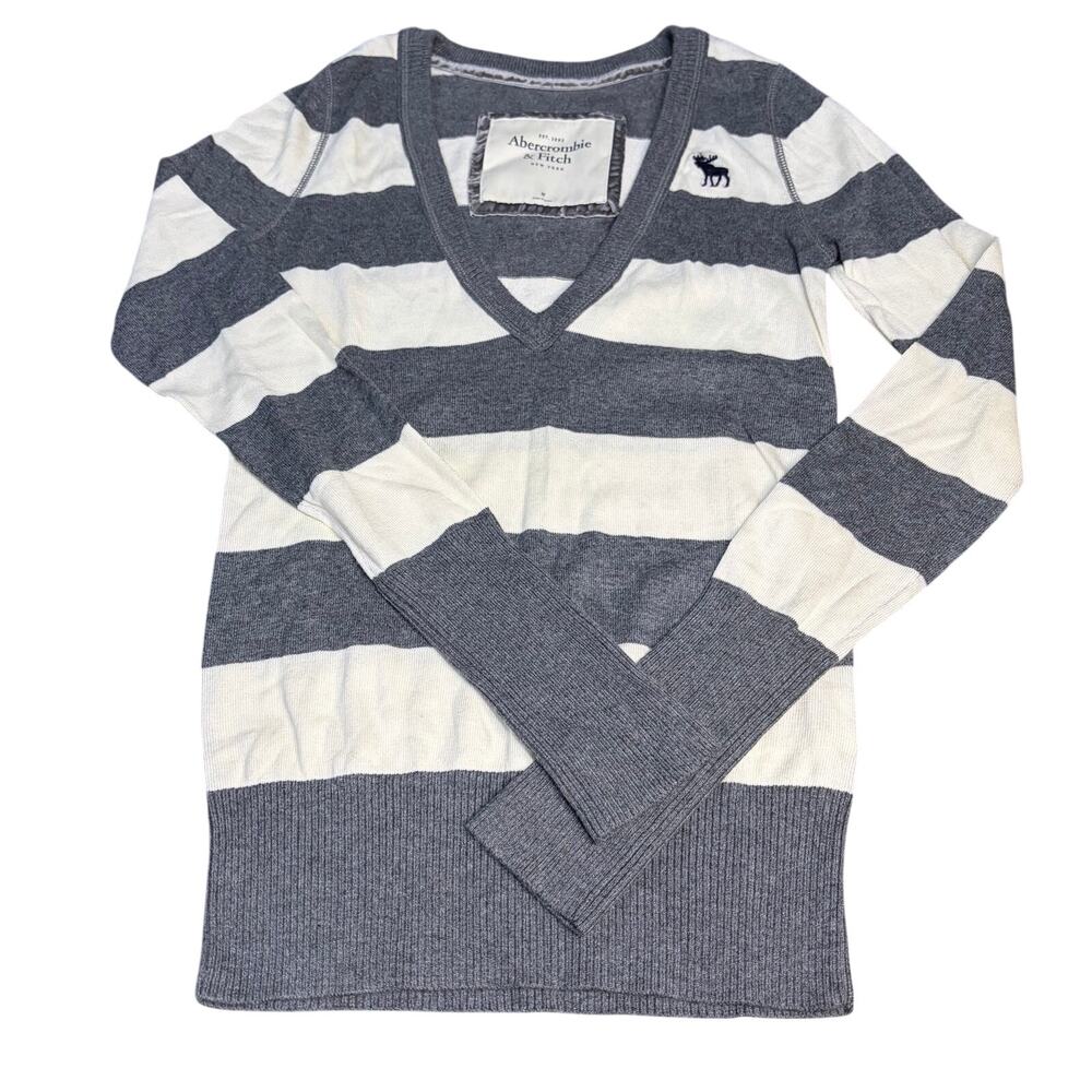 VTG Abercrombie & Fitch Y2K Rugby Striped V Neck Sweater Gray/White Women’s M